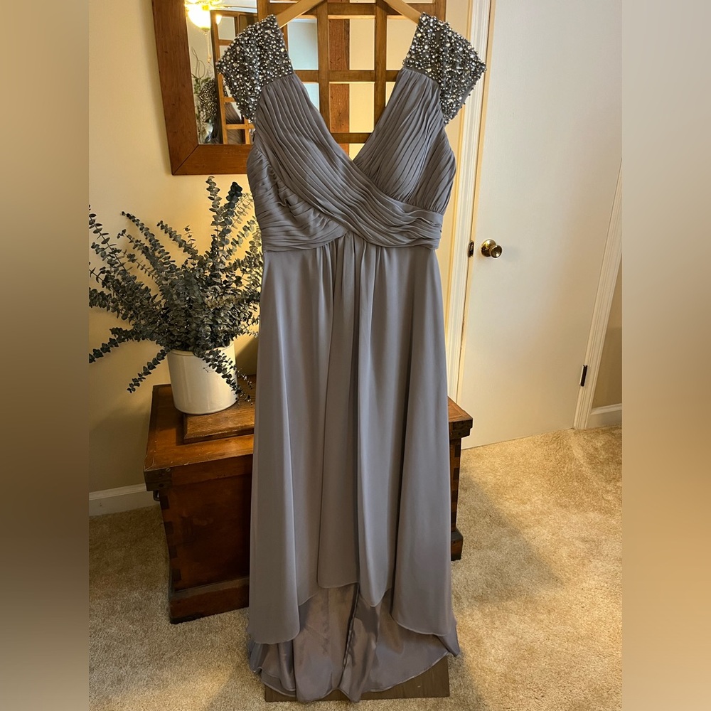 COPY - Eliza J Embellished Cap Sleeve Formal High/Low Gown in pewter - sz 6